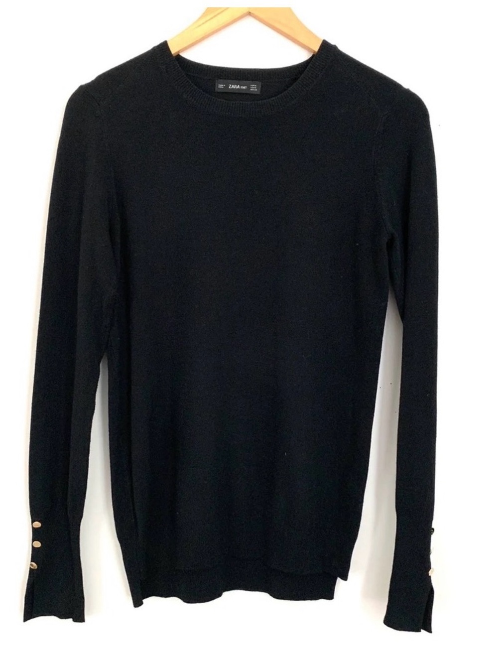 Zara Black Crewneck Sweater with Gold Button Cuff
